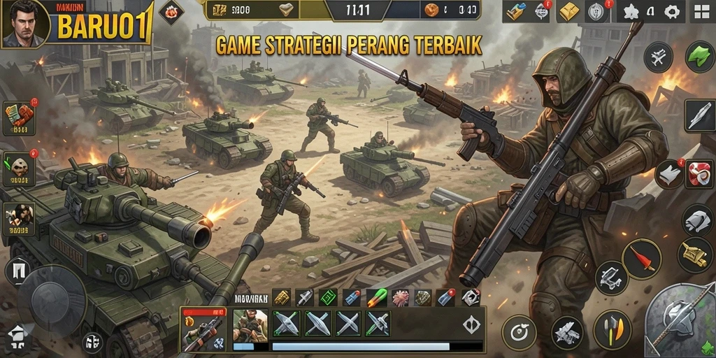 Screenshot utama BARU01 menampilkan aksi pertempuran strategi yang mendebarkan.