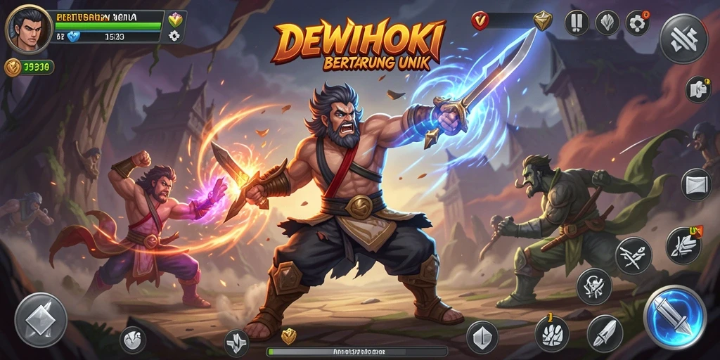 Tampilan utama gameplay DEWIHOKI dengan karakter bertarung.