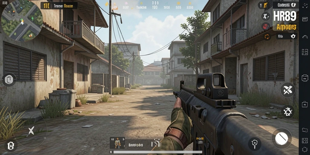 Screenshot gameplay HR89 menunjukkan aksi menegangkan dalam pertempuran FPS.