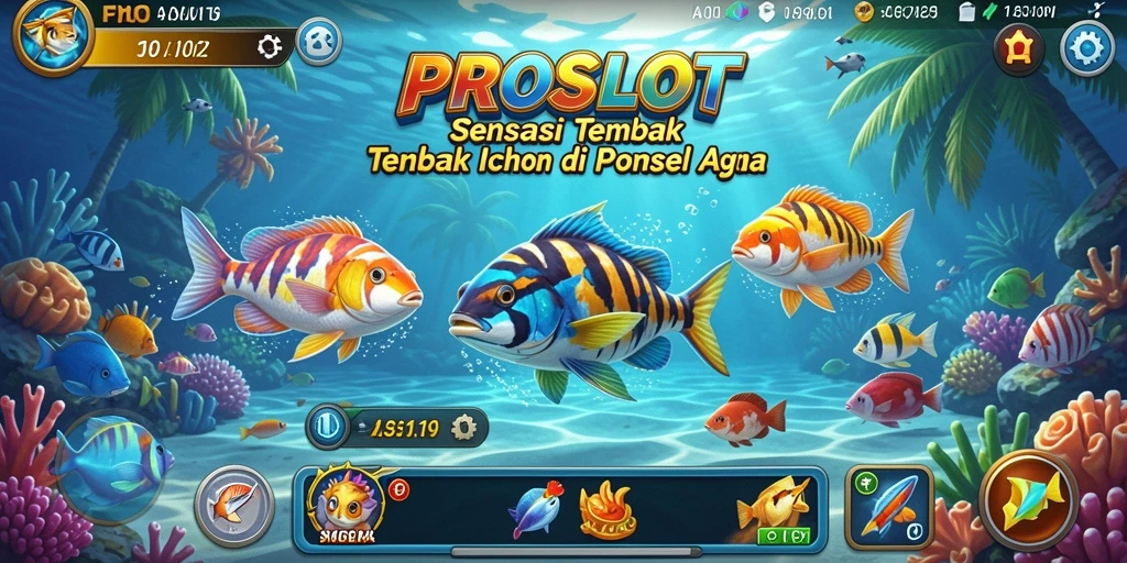 Screenshot gameplay <strong>PROSLOT</strong> memperlihatkan aksi seru menembak ikan.