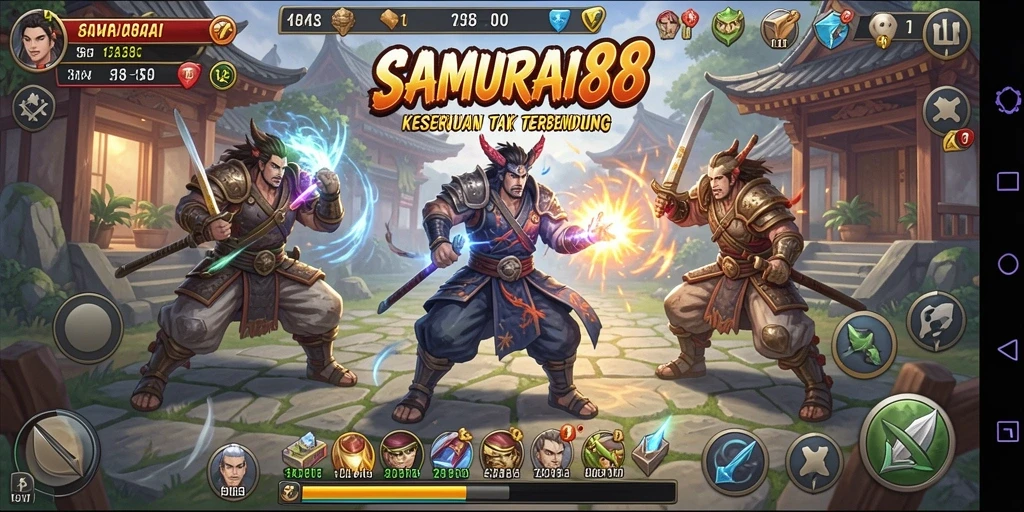 Tampilan gameplay <strong>SAMURAI88</strong> saat pertarungan samurai yang mendebarkan.