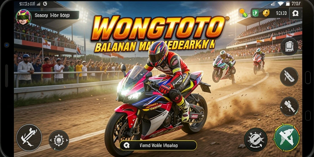 Screenshot gameplay WONGTOTO menampilkan aksi balapan motor yang mendebarkan.